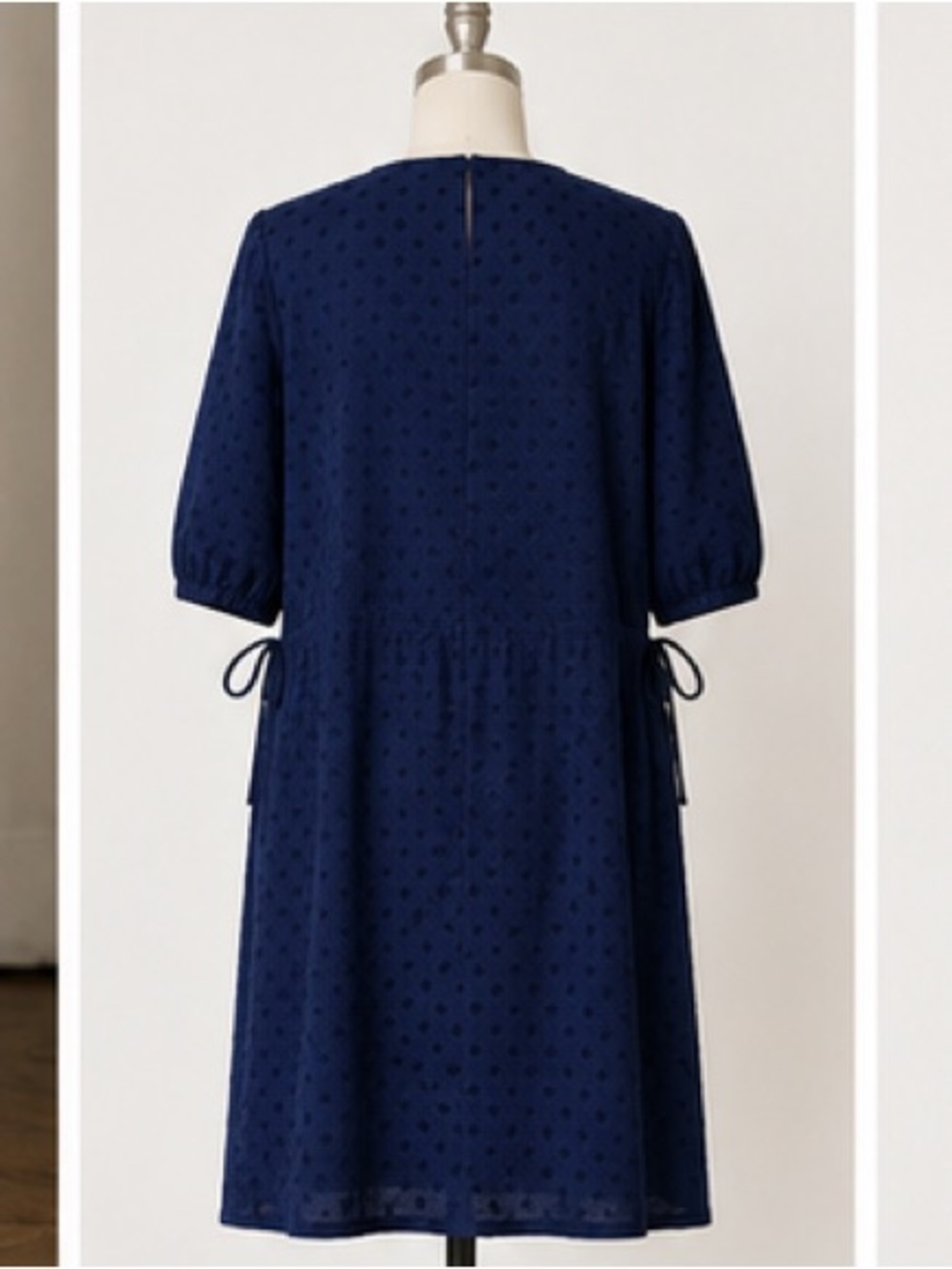 Sandro Lori navy dot dress crew neck half sleeves ties at waist Size 3 / L - Picture 6 of 11